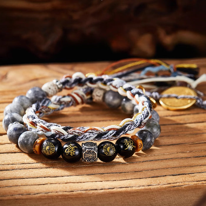 Peace Energy Handwoven Labradorite Obsidian Silver Bracelet