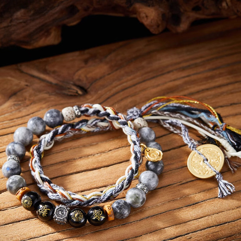 Peace Energy Handwoven Labradorite Obsidian Silver Bracelet