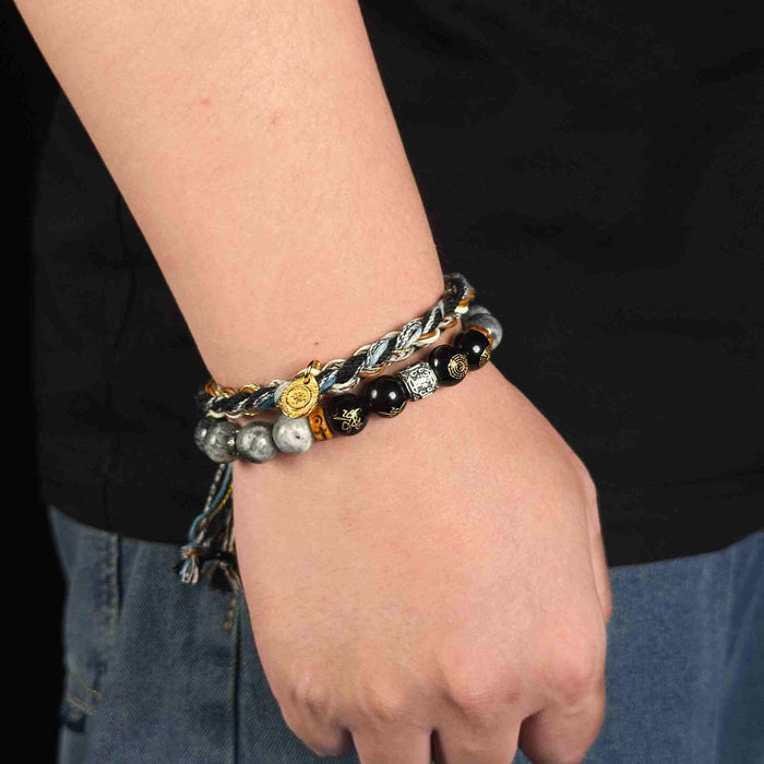 Luck Energy Handwoven Labradorite Obsidian Silver Bracelet