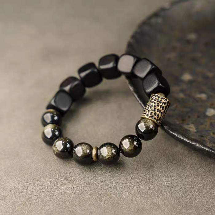 Gold element obsidian ebony wood bracelet